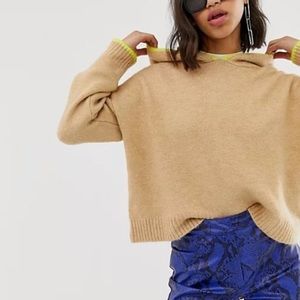 Stradivarius knit hoodie (tan with neon yellow piping)